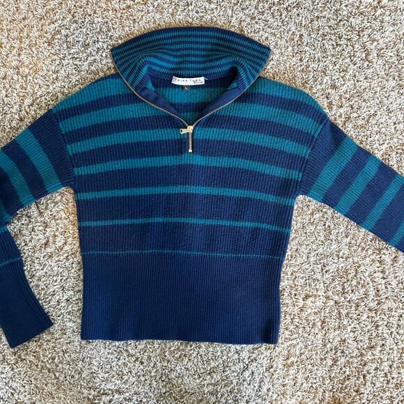 TRINA TURK Misty Zip Pullover Sweater in Size Large Navy Blue Teal Green Stripes - Picture 5 of 6